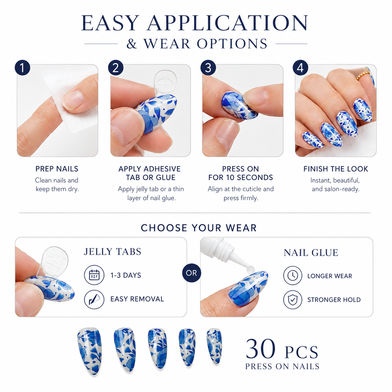 Blue Floral Press On Nails 30PCS – Elegant Almond Shape Fake Nails with Jelly Glue, Glossy Full Cover Reusable Nail Tips for Women view 5
