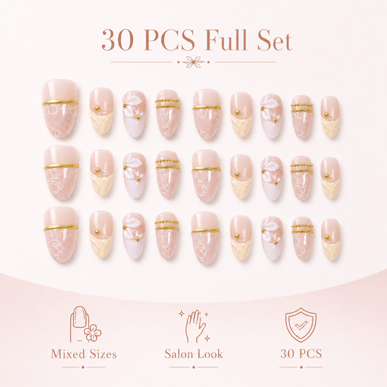 30Pcs Elegant Floral Press On Nails Set, Nude Pink Glossy False Nails with Gold Line Design, Reusable DIY Manicure Full Cover Nail Tips for Women & Girls view 2