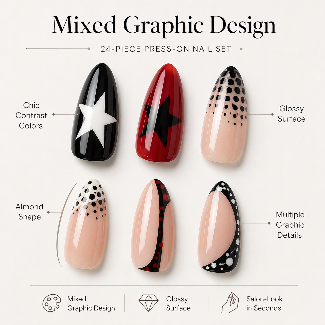 24PCS Press On Nails Set Red Black Star Dot Design Glossy Almond Fake Nails with Adhesive Tabs for Women Girls DIY Manicure view 3