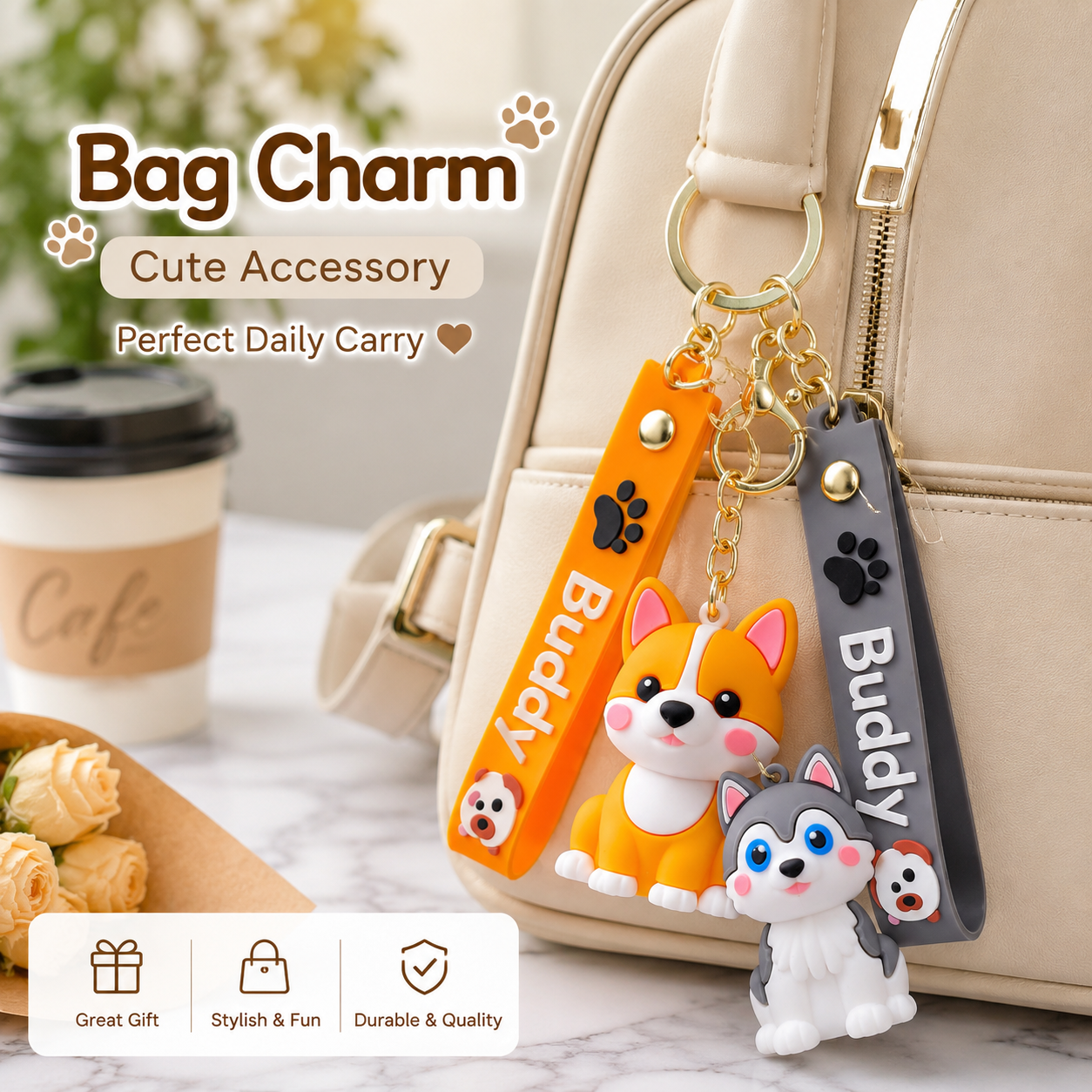 2Pcs Cute Pet Keychain Set Cartoon Dog Bag Charm Silicone Buddy Pendant Key Ring for Backpack Purse Handbag Keys Girls Gift