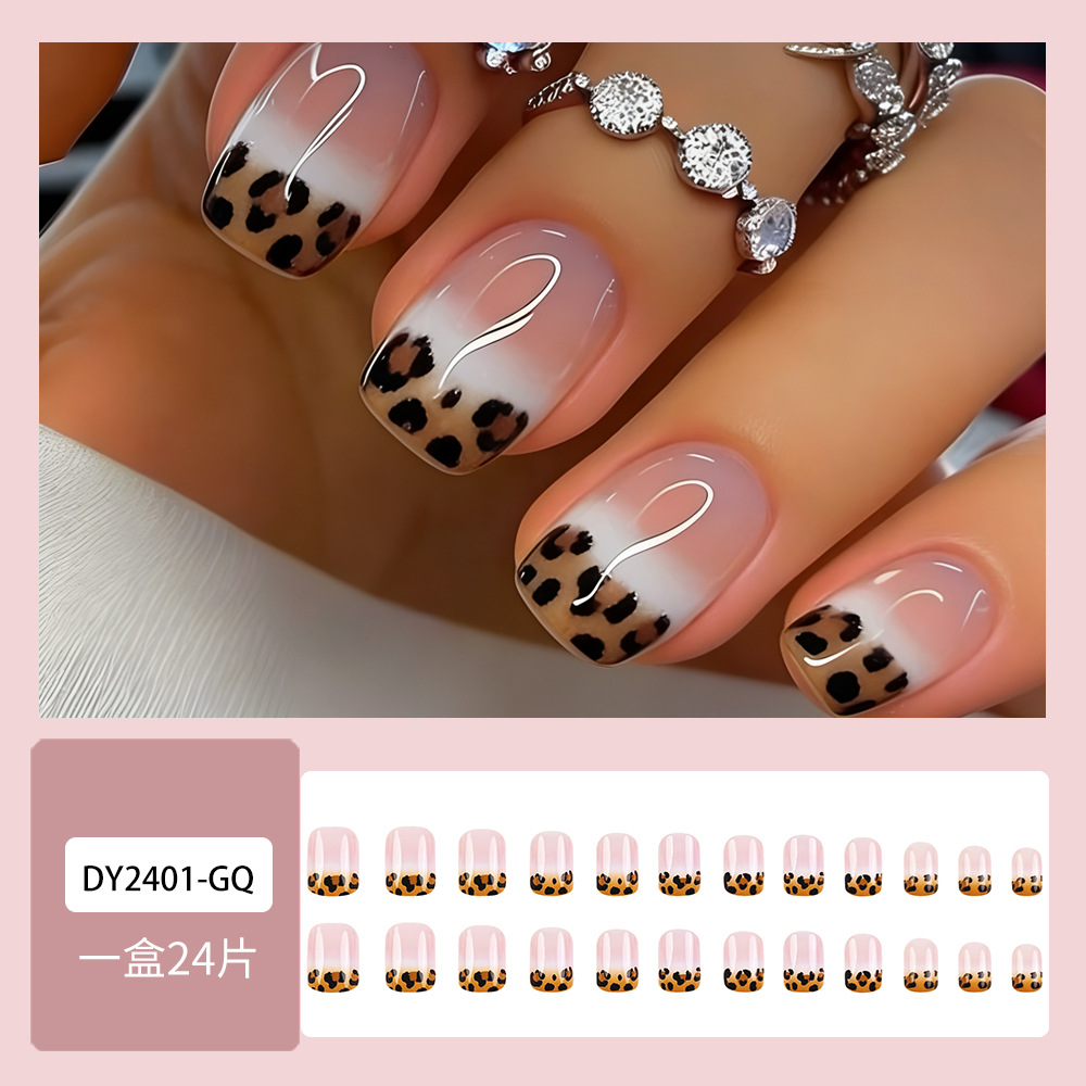 24Pcs Leopard Print French Press On Nails, Glitter Square Fake Nails, Reusable Full Cover Artificial Nail Tips for Women DIY Manicure Gift view 7