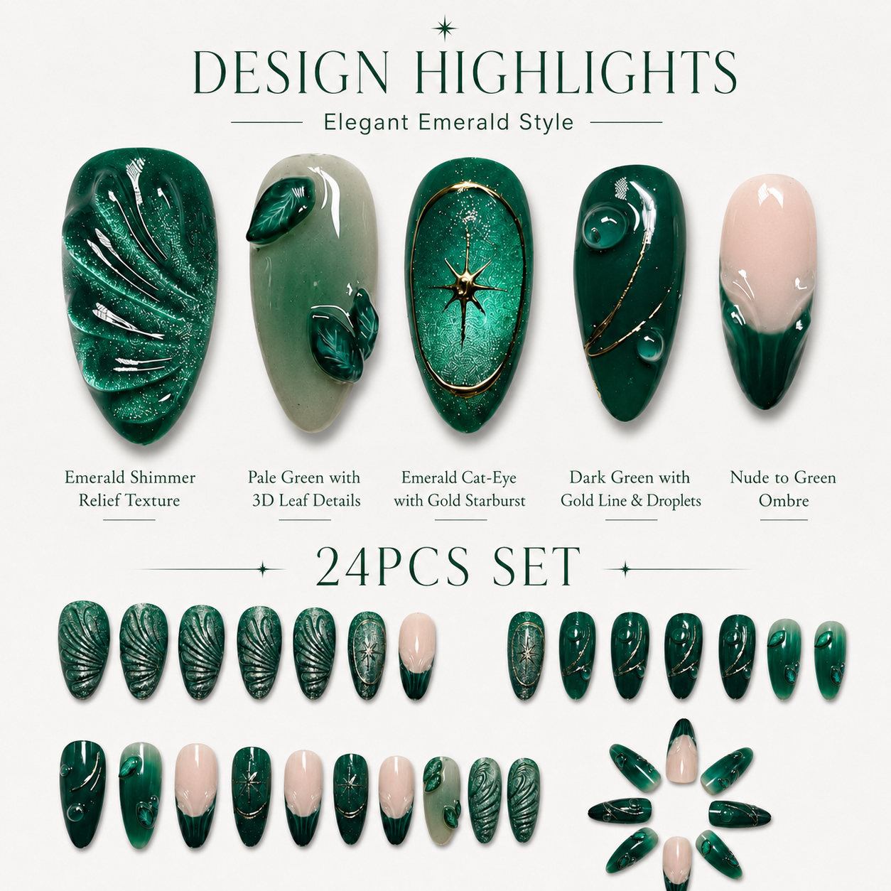 24PCS Emerald Green Press On Nails Set Glossy 3D Leaf Cat Eye Fake Nails with Adhesive Tabs for Women Girls DIY Manicure view 5