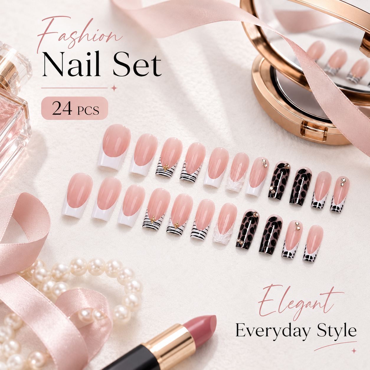 24PCS Pink French Press On Nails Set Leopard Zebra Pattern Glossy Square Fake Nails With Rhinestone for Women Girls view 5