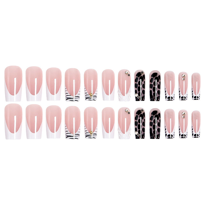 24PCS Pink French Press On Nails Set Leopard Zebra Pattern Glossy Square Fake Nails With Rhinestone for Women Girls view 6