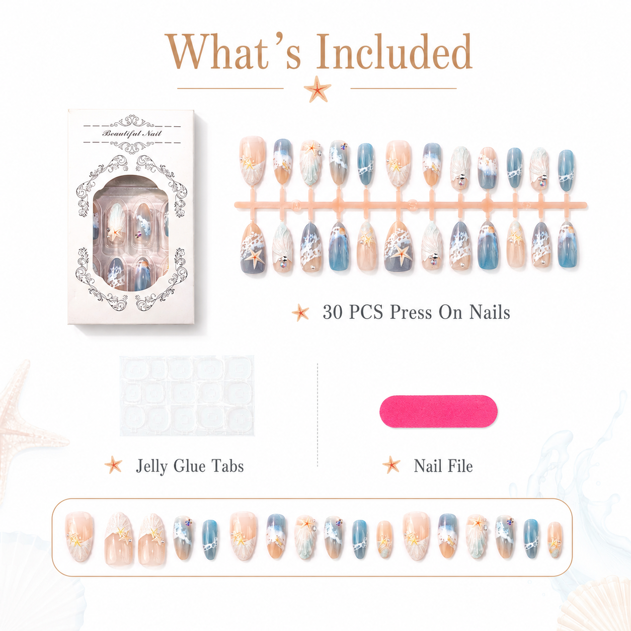 30PCS Ocean Starfish Press On Nails Set, Blue Beach Style Fake Nails with 3D Shell Design, Glossy Full Cover Artificial Nails for Women DIY Manicure Gift view 3