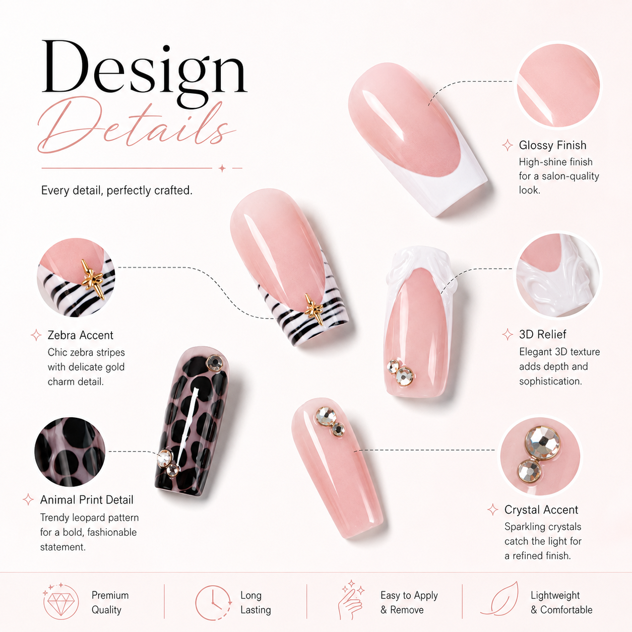24PCS Pink French Press On Nails Set Leopard Zebra Pattern Glossy Square Fake Nails With Rhinestone for Women Girls view 2