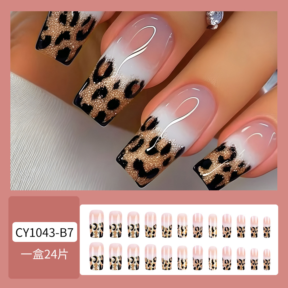 24Pcs Leopard Print French Press On Nails, Glitter Square Fake Nails, Reusable Full Cover Artificial Nail Tips for Women DIY Manicure Gift view 6