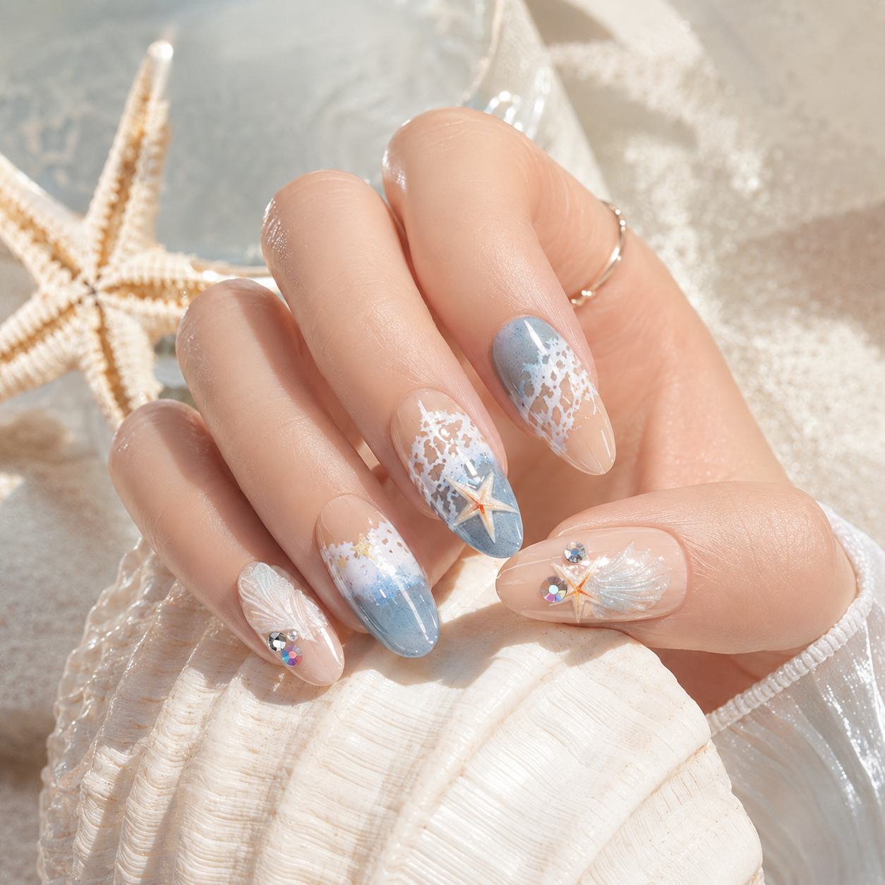 30PCS Ocean Starfish Press On Nails Set, Blue Beach Style Fake Nails with 3D Shell Design, Glossy Full Cover Artificial Nails for Women DIY Manicure Gift view 4