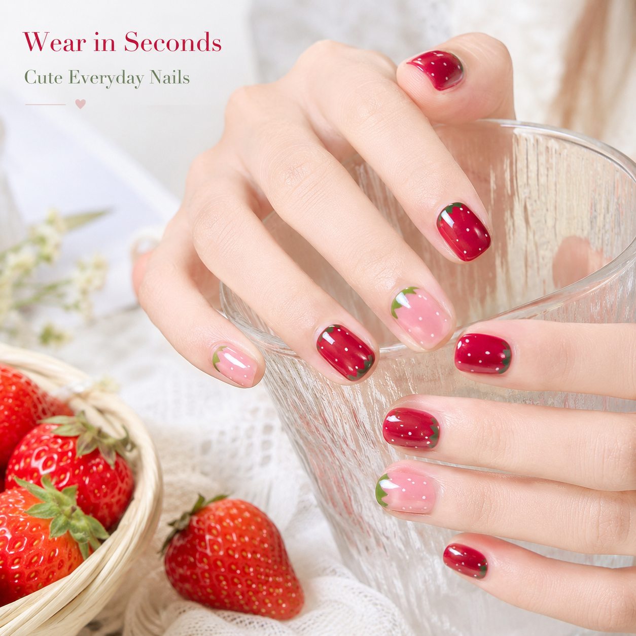10/30PCS Strawberry Press On Nails Set Glossy Red Pink Short Fake Nails Cute Fruit Design with Adhesive Tabs for Women Girls DIY Manicure view 3