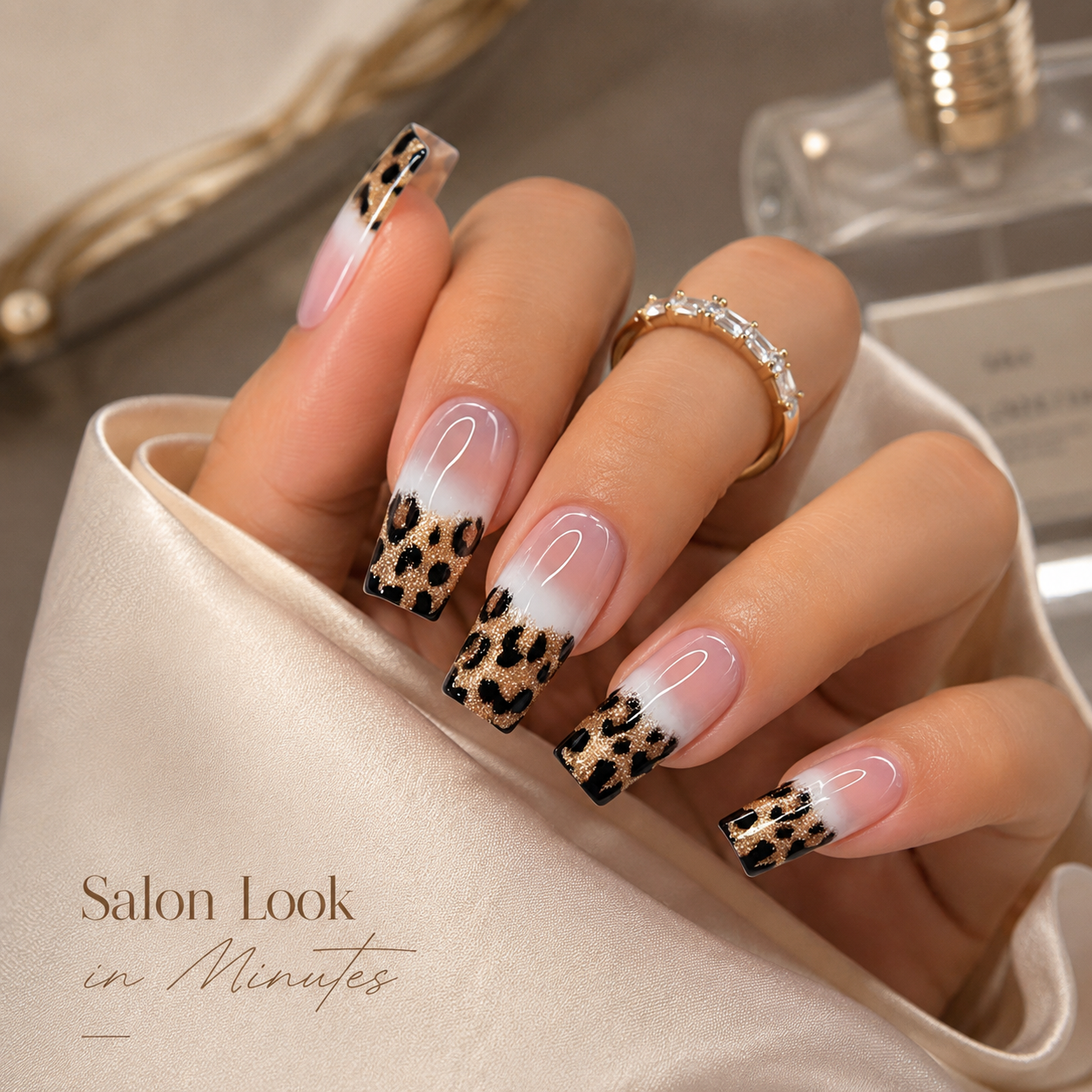 24Pcs Leopard Print French Press On Nails, Glitter Square Fake Nails, Reusable Full Cover Artificial Nail Tips for Women DIY Manicure Gift view 3