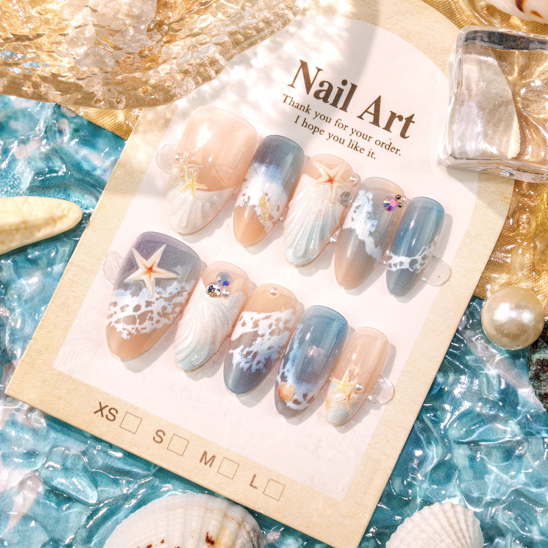 30PCS Ocean Starfish Press On Nails Set, Blue Beach Style Fake Nails with 3D Shell Design, Glossy Full Cover Artificial Nails for Women DIY Manicure Gift view 6