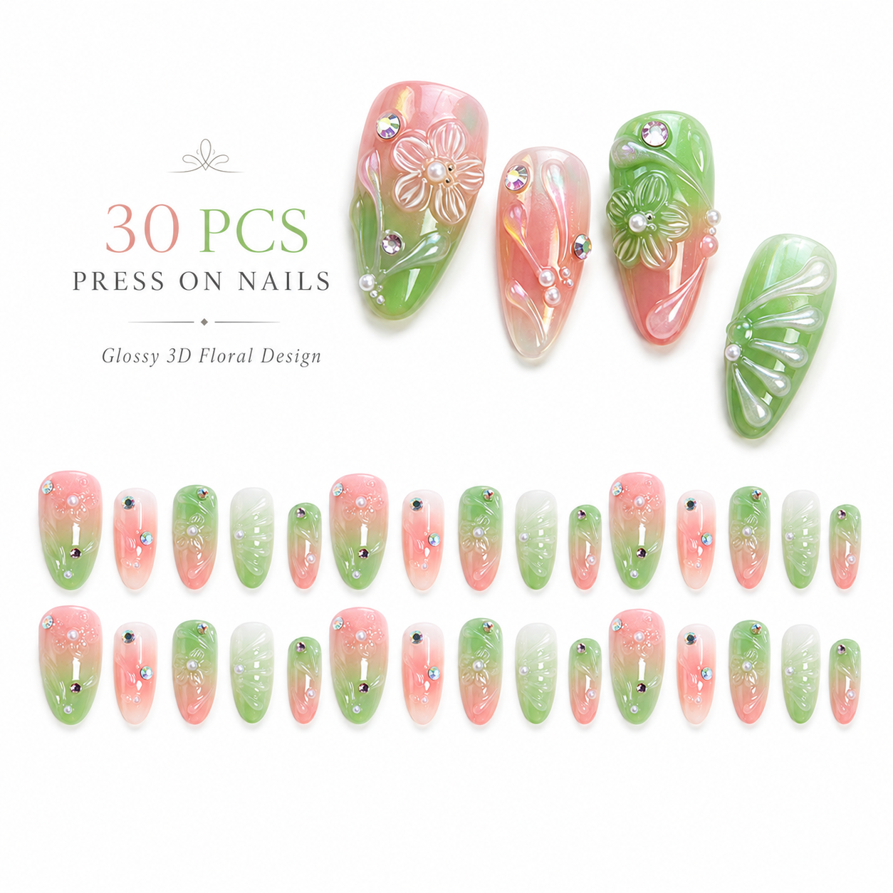 30Pcs Press On Nails Set Pink Green 3D Floral Design Glossy False Nails with Rhinestone Pearl Decor for Women DIY Manicure Gift