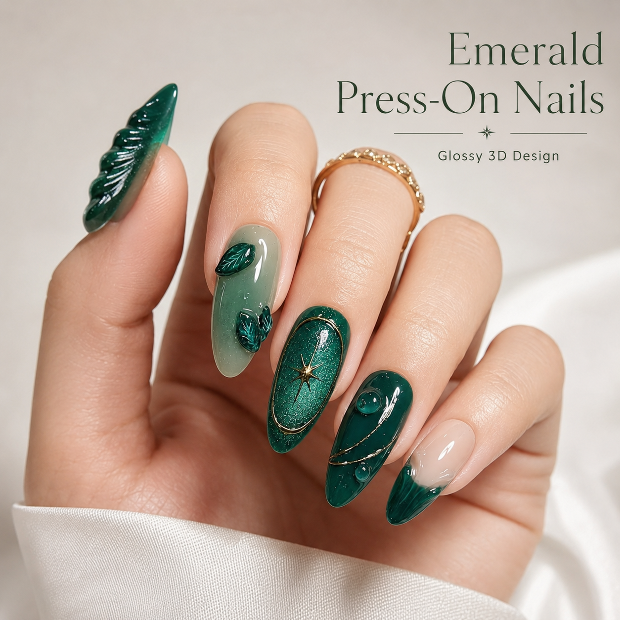24PCS Emerald Green Press On Nails Set Glossy 3D Leaf Cat Eye Fake Nails with Adhesive Tabs for Women Girls DIY Manicure view 2