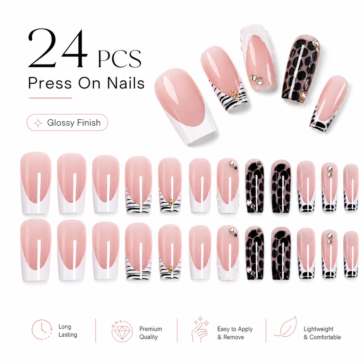 24PCS Pink French Press On Nails Set Leopard Zebra Pattern Glossy Square Fake Nails With Rhinestone for Women Girls