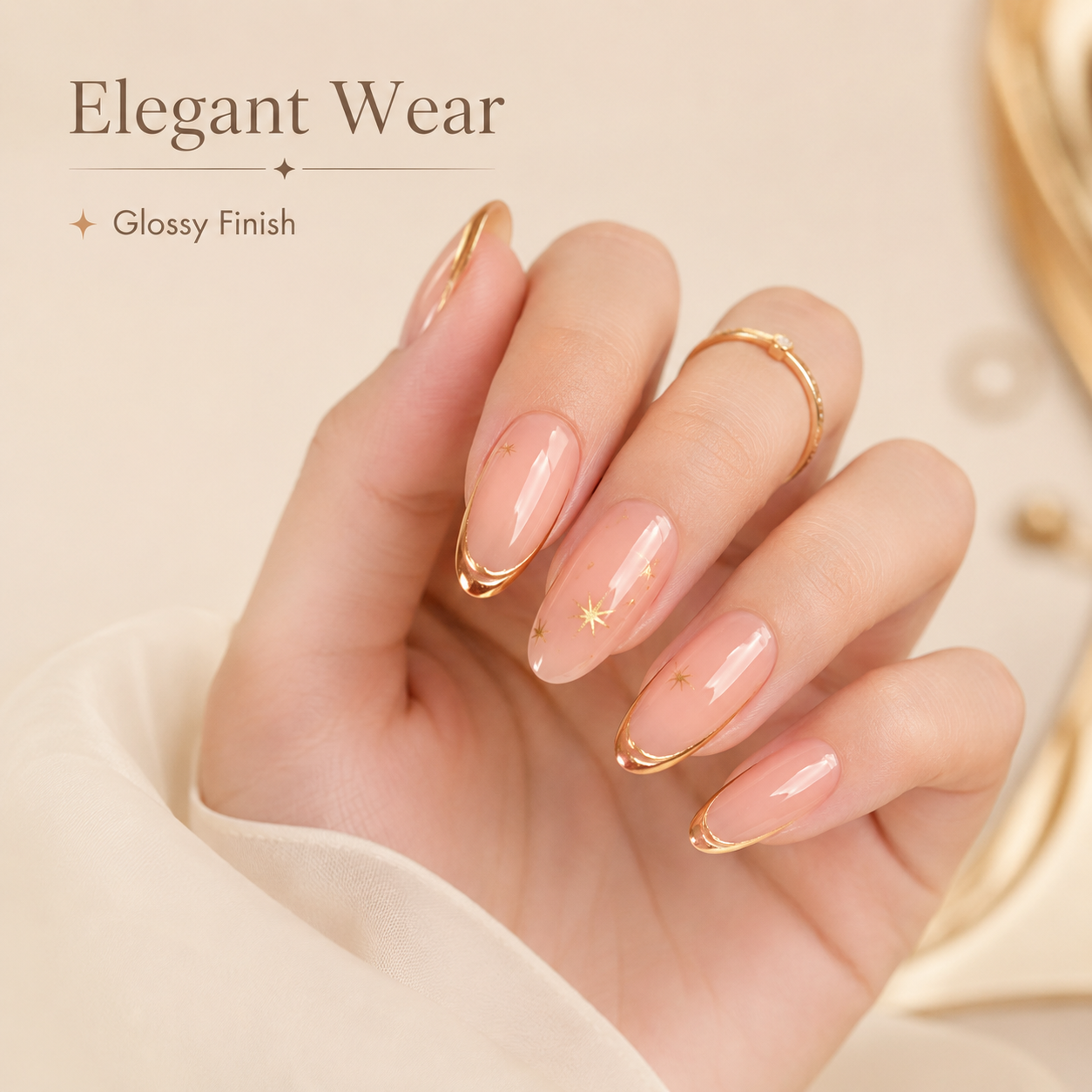 24PCS Nude Gold Edge Press On Nails Set Glossy Short Almond Fake Nails with Adhesive Tabs and Nail File for Women Girls DIY Manicure view 2