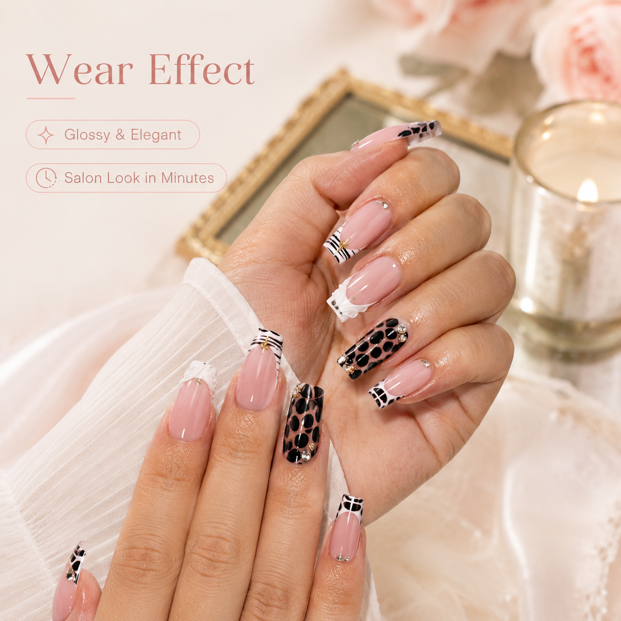 24PCS Pink French Press On Nails Set Leopard Zebra Pattern Glossy Square Fake Nails With Rhinestone for Women Girls view 3