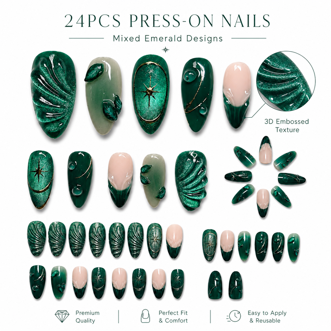 24PCS Emerald Green Press On Nails Set Glossy 3D Leaf Cat Eye Fake Nails with Adhesive Tabs for Women Girls DIY Manicure view 4