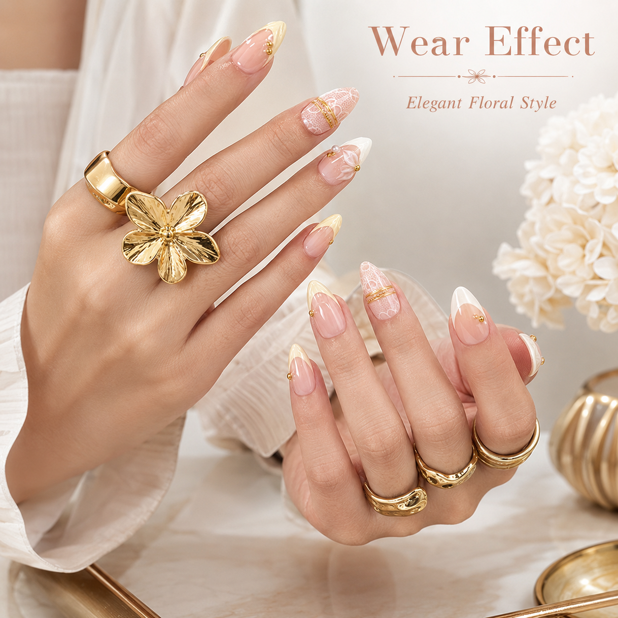 30Pcs Elegant Floral Press On Nails Set, Nude Pink Glossy False Nails with Gold Line Design, Reusable DIY Manicure Full Cover Nail Tips for Women & Girls view 4