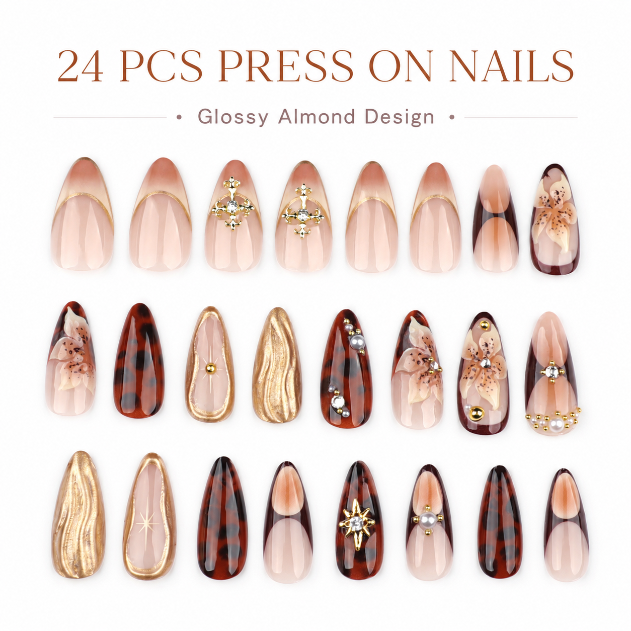 24PCS Luxury Nude Tortoiseshell Press On Nails Set Glossy Almond Floral Gold 3D Fake Nails for Women Girls