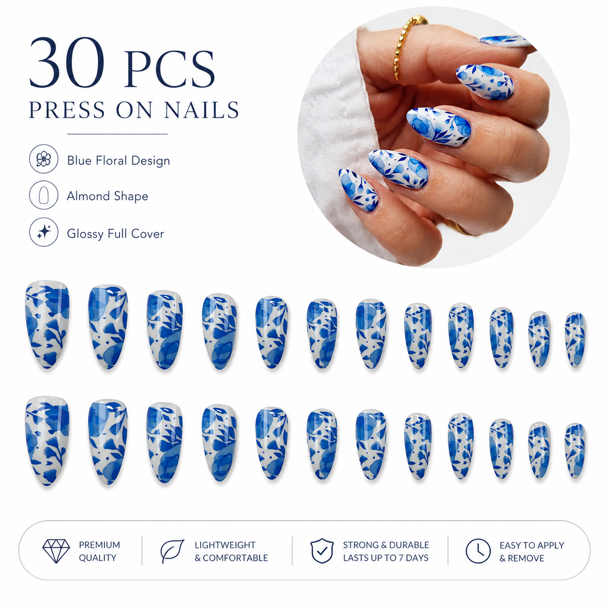 Blue Floral Press On Nails 30PCS – Elegant Almond Shape Fake Nails with Jelly Glue, Glossy Full Cover Reusable Nail Tips for Women