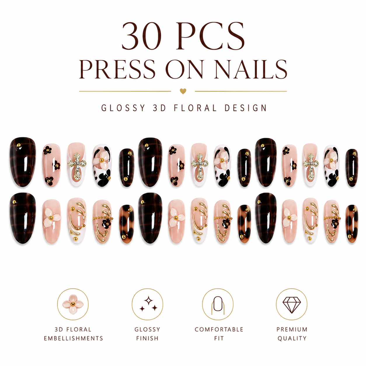 30Pcs Luxury 3D Floral Press On Nails Glossy Brown Plaid Fake Nails Set For Women With Gold Decor Reusable Manicure Tips