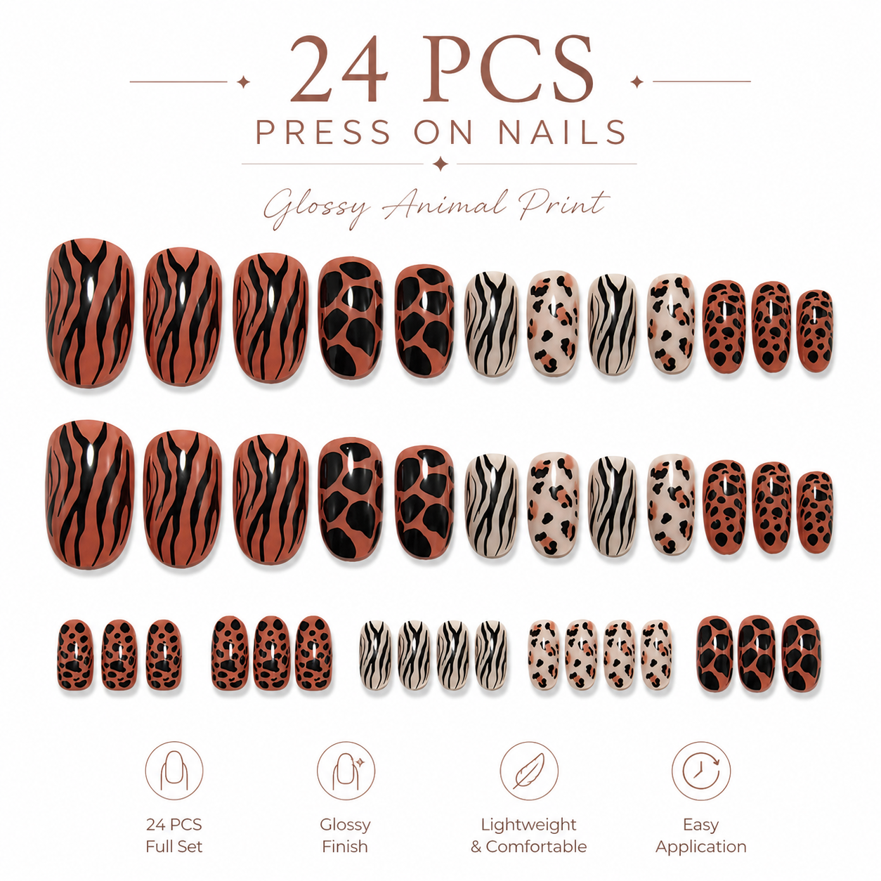 24PCS Animal Print Press On Nails Set Glossy Short Fake Nails with Tiger Zebra Leopard Patterns for Women Girls DIY Manicure view 2