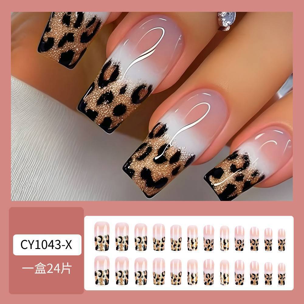 24Pcs Leopard Print French Press On Nails, Glitter Square Fake Nails, Reusable Full Cover Artificial Nail Tips for Women DIY Manicure Gift view 8