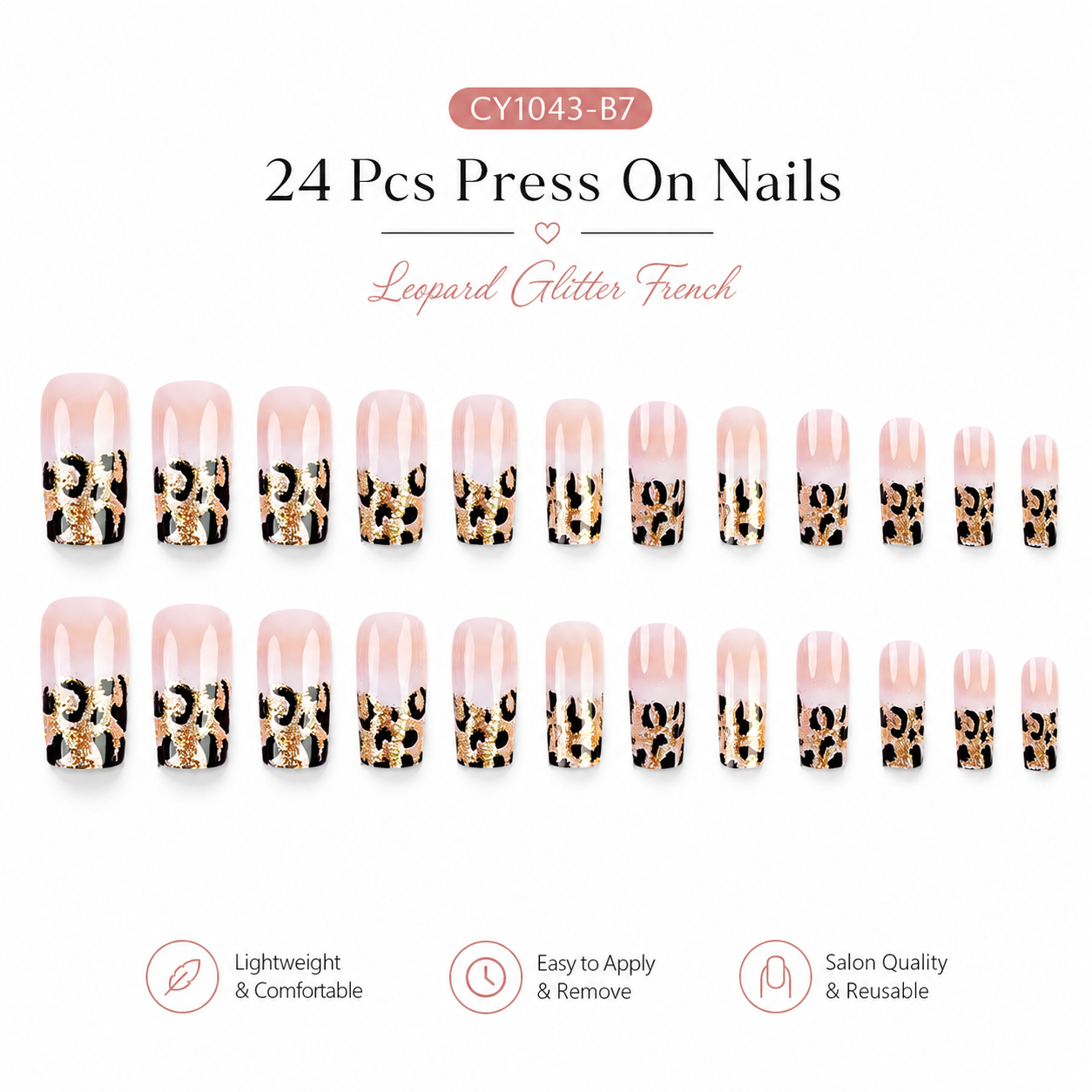 24Pcs Leopard Print French Press On Nails, Glitter Square Fake Nails, Reusable Full Cover Artificial Nail Tips for Women DIY Manicure Gift