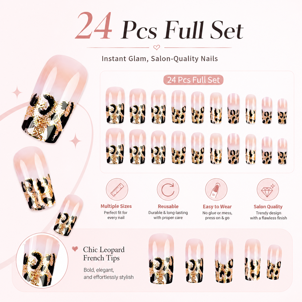 24Pcs Leopard Print French Press On Nails, Glitter Square Fake Nails, Reusable Full Cover Artificial Nail Tips for Women DIY Manicure Gift view 4
