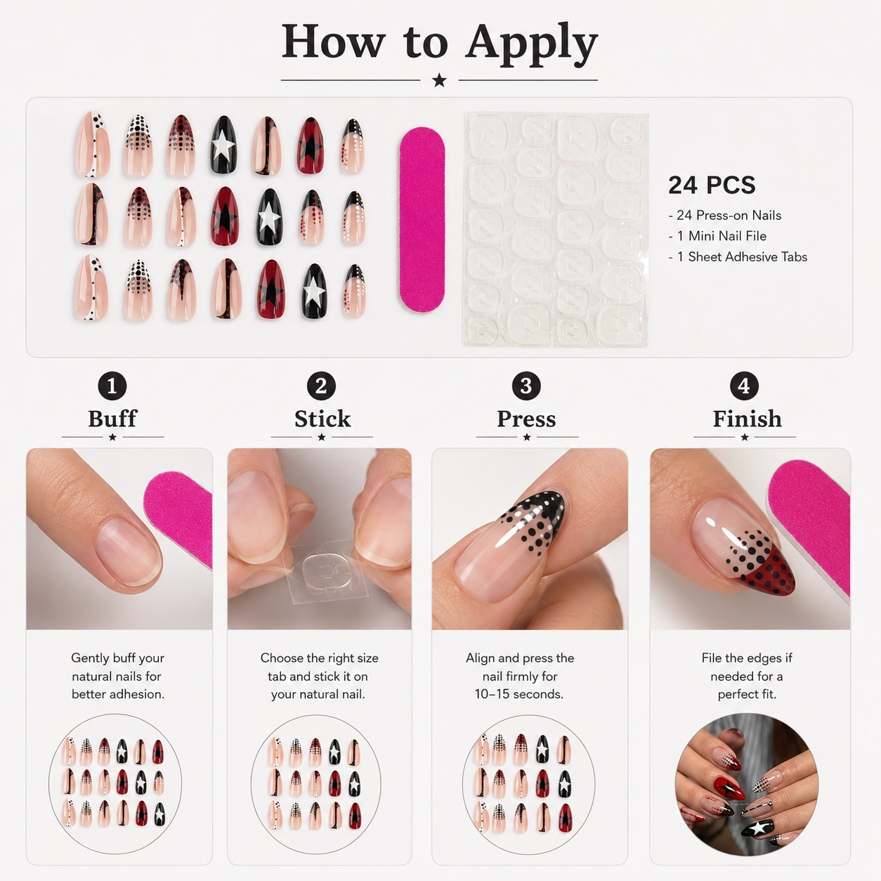 24PCS Press On Nails Set Red Black Star Dot Design Glossy Almond Fake Nails with Adhesive Tabs for Women Girls DIY Manicure view 5