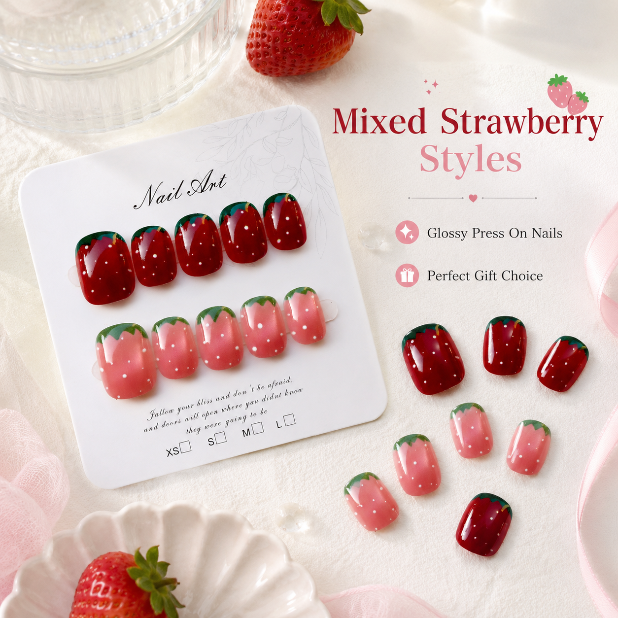 10/30PCS Strawberry Press On Nails Set Glossy Red Pink Short Fake Nails Cute Fruit Design with Adhesive Tabs for Women Girls DIY Manicure view 5