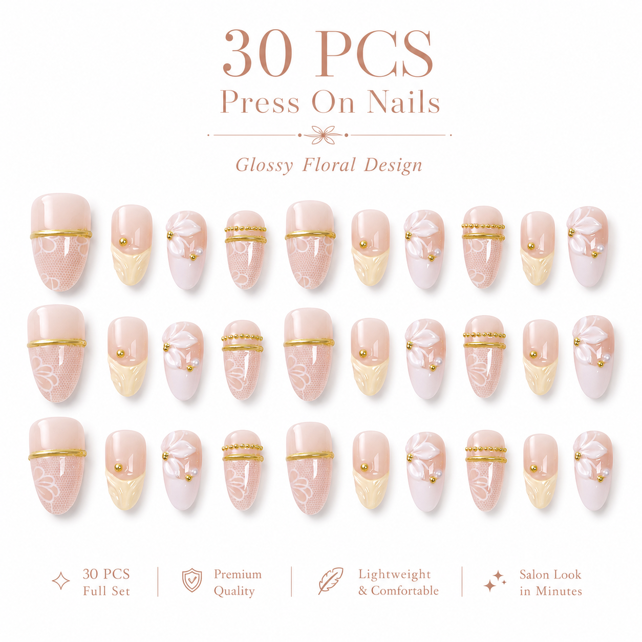 30Pcs Elegant Floral Press On Nails Set, Nude Pink Glossy False Nails with Gold Line Design, Reusable DIY Manicure Full Cover Nail Tips for Women & Girls