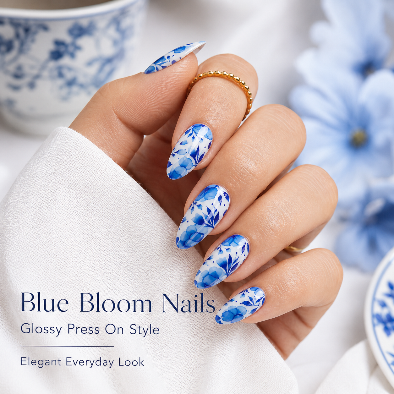 Blue Floral Press On Nails 30PCS – Elegant Almond Shape Fake Nails with Jelly Glue, Glossy Full Cover Reusable Nail Tips for Women view 3