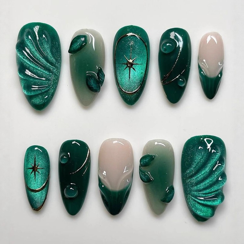 24PCS Emerald Green Press On Nails Set Glossy 3D Leaf Cat Eye Fake Nails with Adhesive Tabs for Women Girls DIY Manicure view 6