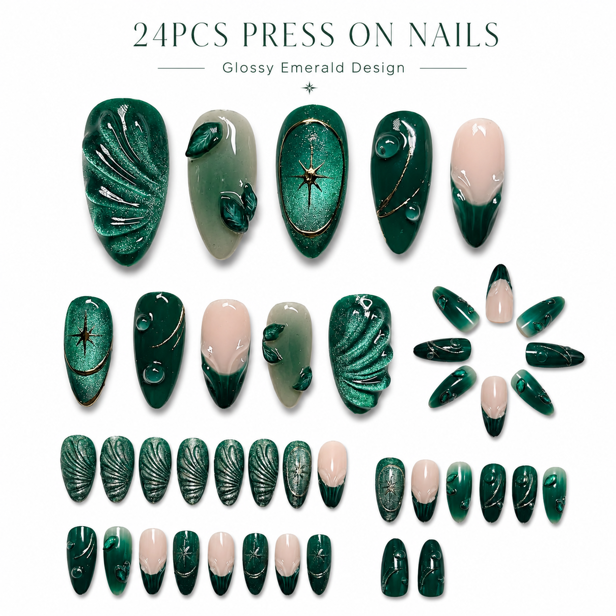 24PCS Emerald Green Press On Nails Set Glossy 3D Leaf Cat Eye Fake Nails with Adhesive Tabs for Women Girls DIY Manicure