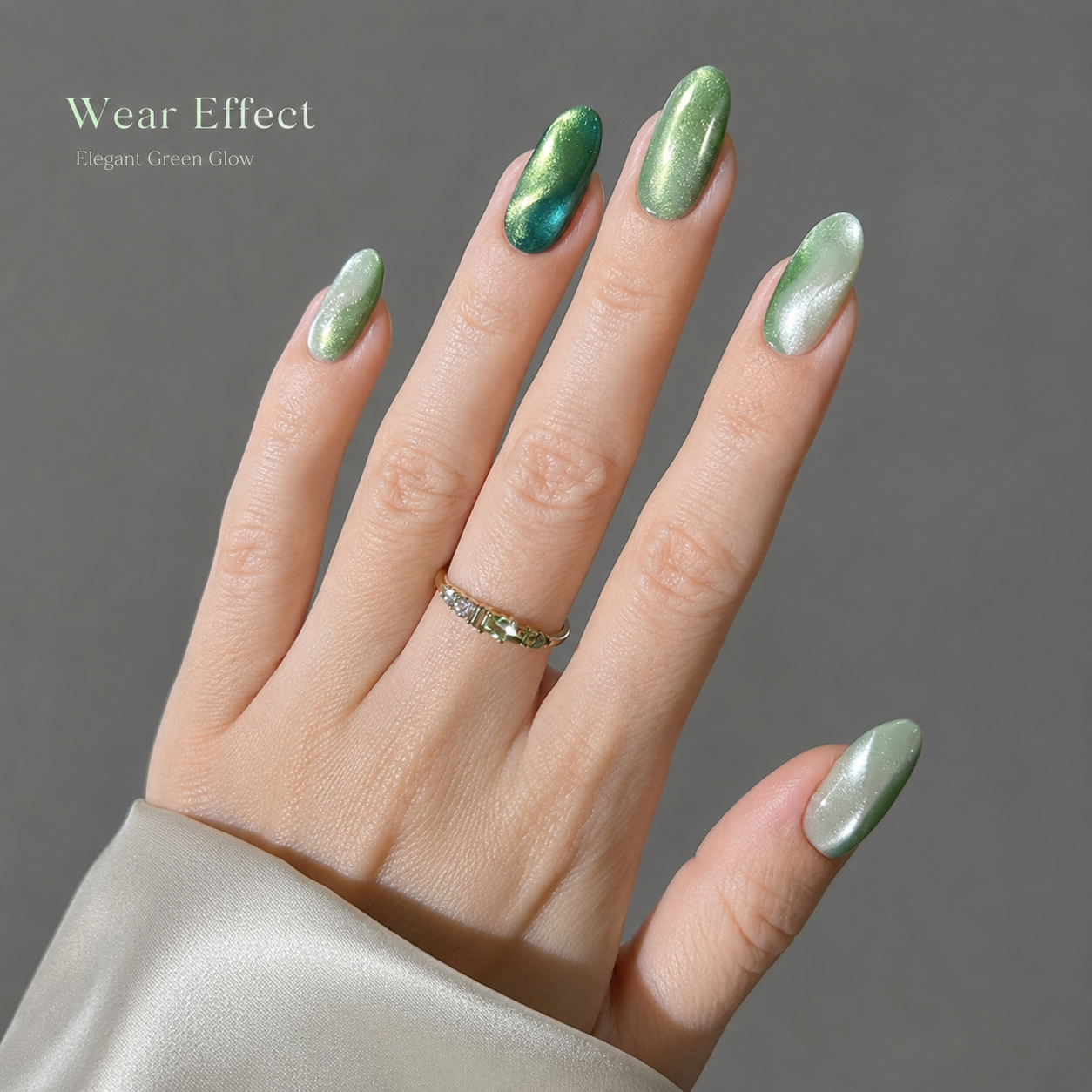 24Pcs Green Cat Eye Press On Nails Set Glossy Magnetic False Nails Short Square Fake Nails for Women DIY Manicure with Adhesive Tabs and Nail File view 3