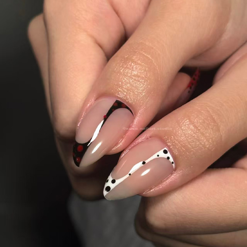 24PCS Press On Nails Set Red Black Star Dot Design Glossy Almond Fake Nails with Adhesive Tabs for Women Girls DIY Manicure view 7
