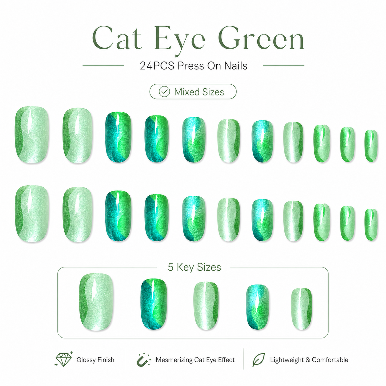 24Pcs Green Cat Eye Press On Nails Set Glossy Magnetic False Nails Short Square Fake Nails for Women DIY Manicure with Adhesive Tabs and Nail File view 4