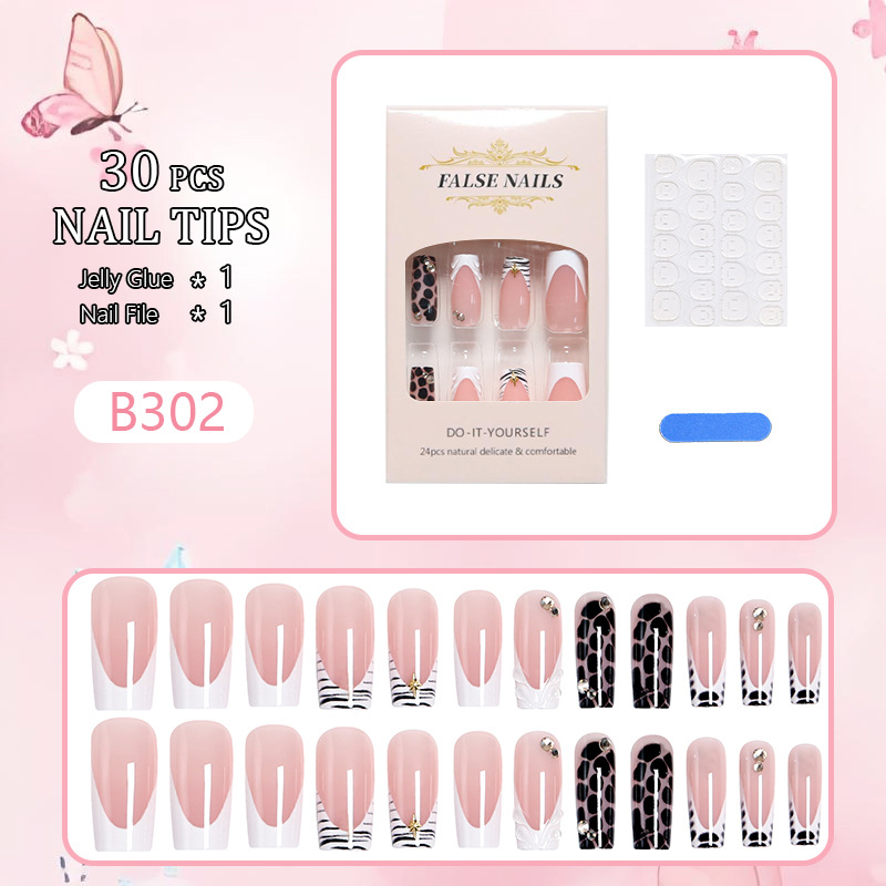 24PCS Pink French Press On Nails Set Leopard Zebra Pattern Glossy Square Fake Nails With Rhinestone for Women Girls view 7