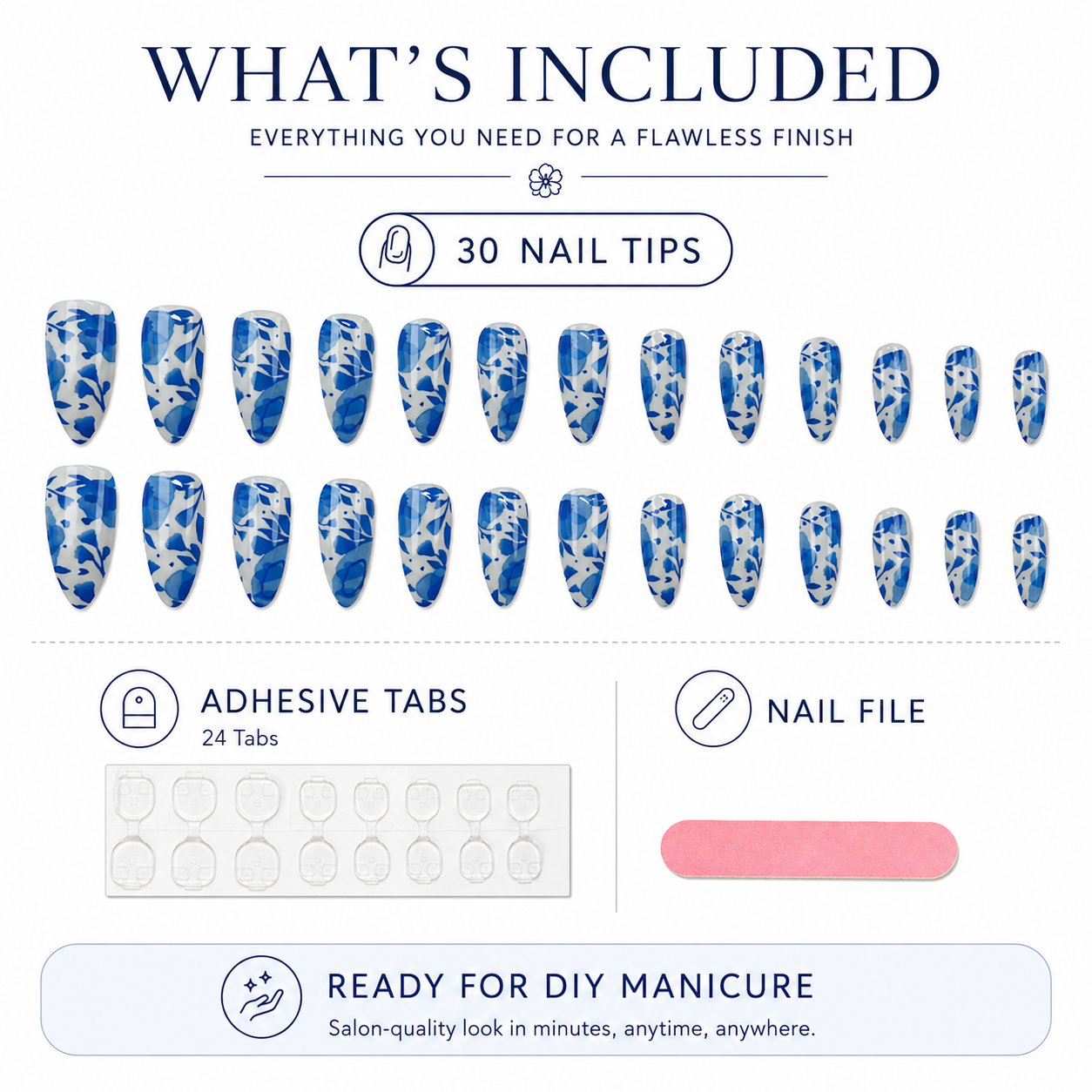 Blue Floral Press On Nails 30PCS – Elegant Almond Shape Fake Nails with Jelly Glue, Glossy Full Cover Reusable Nail Tips for Women view 4