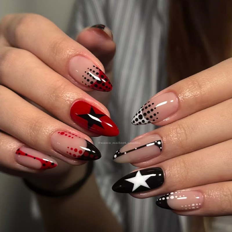 24PCS Press On Nails Set Red Black Star Dot Design Glossy Almond Fake Nails with Adhesive Tabs for Women Girls DIY Manicure view 6