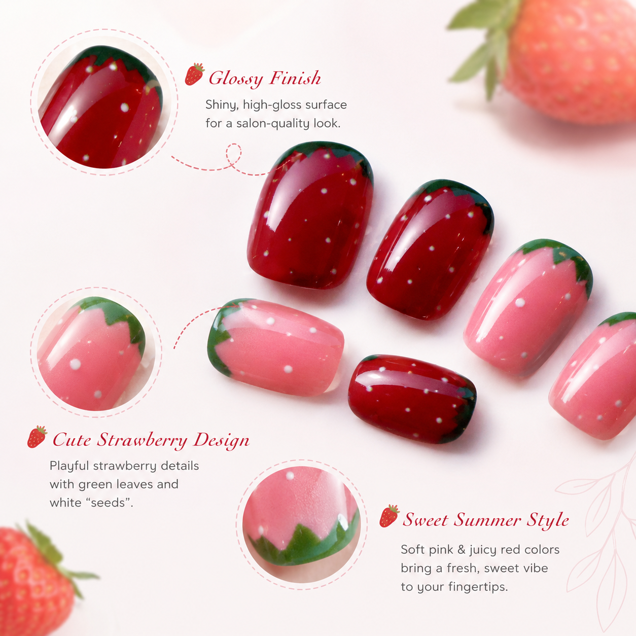 10/30PCS Strawberry Press On Nails Set Glossy Red Pink Short Fake Nails Cute Fruit Design with Adhesive Tabs for Women Girls DIY Manicure view 2