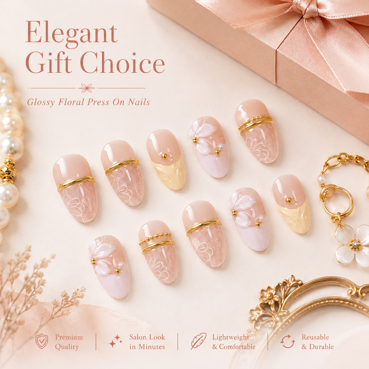 30Pcs Elegant Floral Press On Nails Set, Nude Pink Glossy False Nails with Gold Line Design, Reusable DIY Manicure Full Cover Nail Tips for Women & Girls view 5