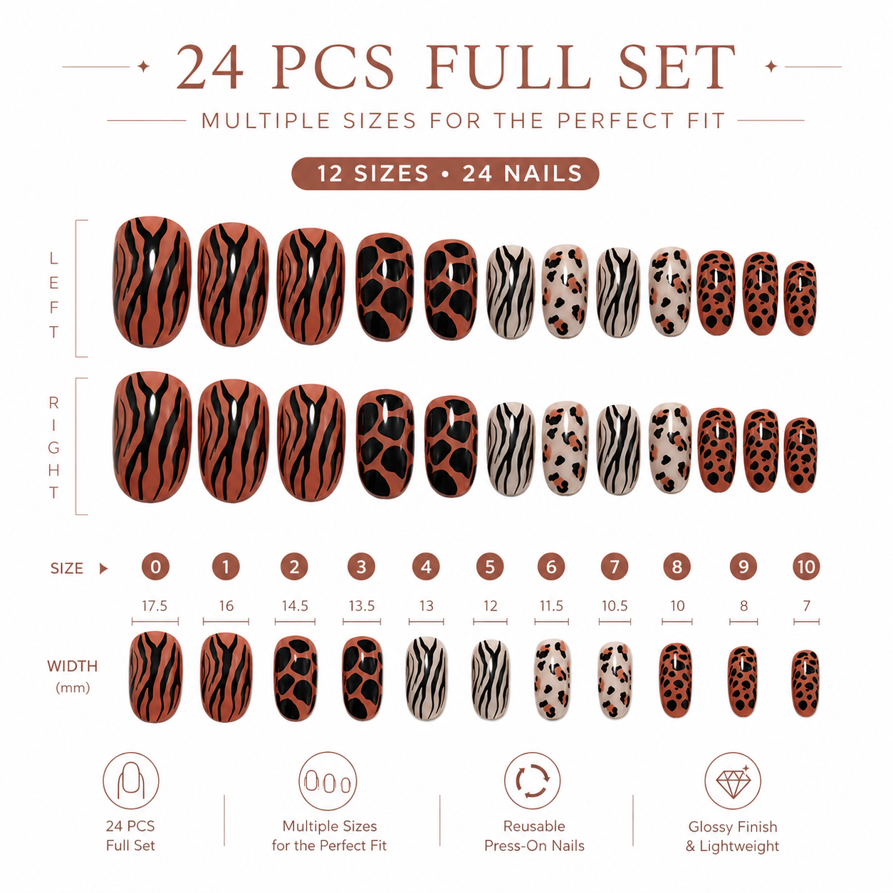 24PCS Animal Print Press On Nails Set Glossy Short Fake Nails with Tiger Zebra Leopard Patterns for Women Girls DIY Manicure view 4