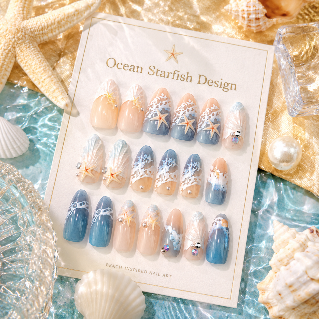 30PCS Ocean Starfish Press On Nails Set, Blue Beach Style Fake Nails with 3D Shell Design, Glossy Full Cover Artificial Nails for Women DIY Manicure Gift view 5