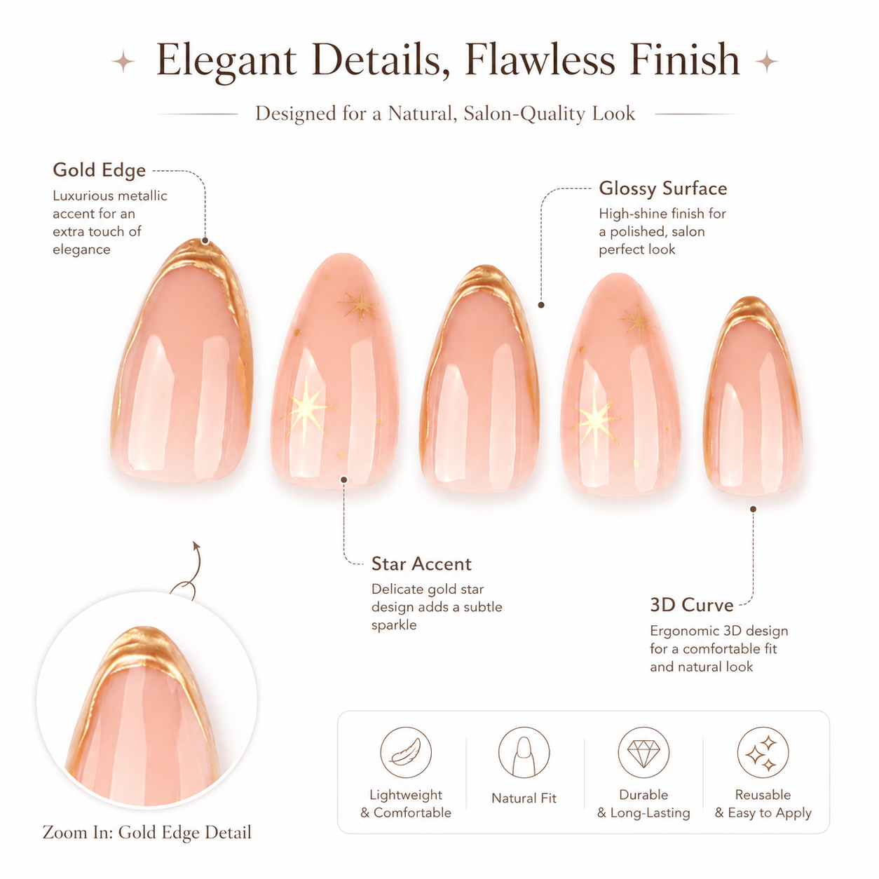 24PCS Nude Gold Edge Press On Nails Set Glossy Short Almond Fake Nails with Adhesive Tabs and Nail File for Women Girls DIY Manicure view 3