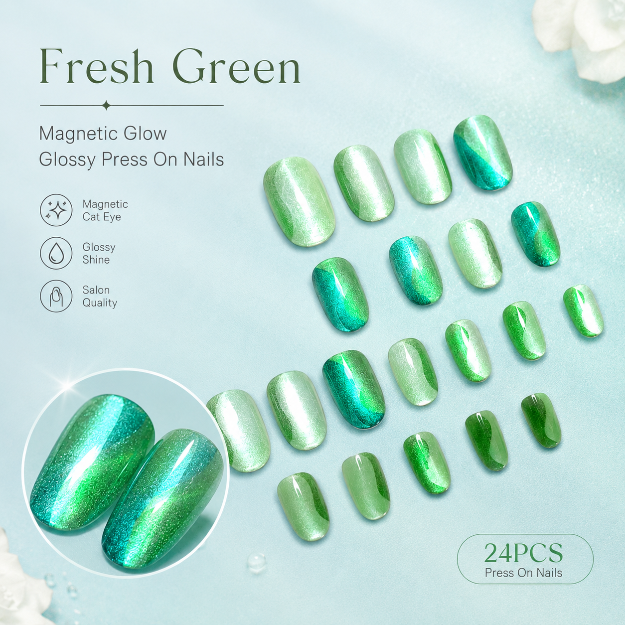 24Pcs Green Cat Eye Press On Nails Set Glossy Magnetic False Nails Short Square Fake Nails for Women DIY Manicure with Adhesive Tabs and Nail File view 5