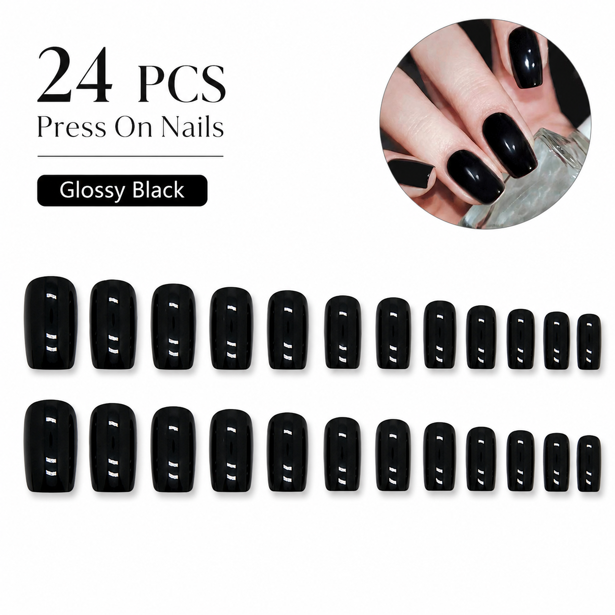 24PCS Glossy Black Press On Nails Set Short Square Solid Color Fake Nails Reusable Nail Tips for Women Girls