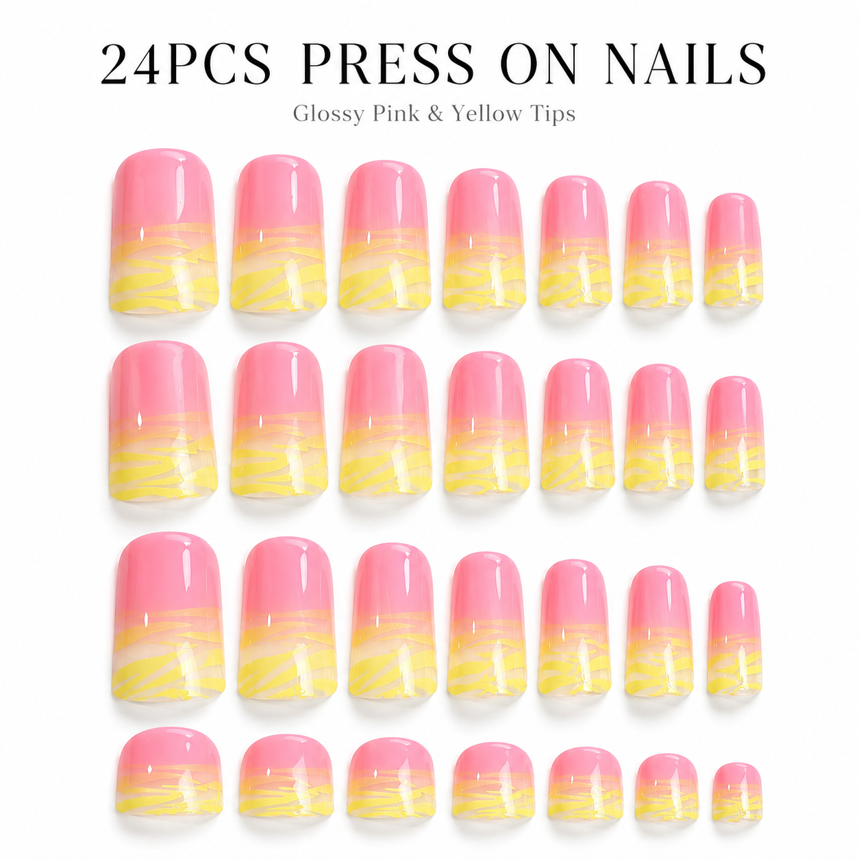 24PCS Pink Yellow Ombre Press On Nails Set Glossy Short Square Fake Nails with Nail File and Adhesive Tabs for Women Girls DIY Manicure