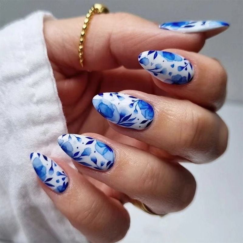 Blue Floral Press On Nails 30PCS – Elegant Almond Shape Fake Nails with Jelly Glue, Glossy Full Cover Reusable Nail Tips for Women view 6
